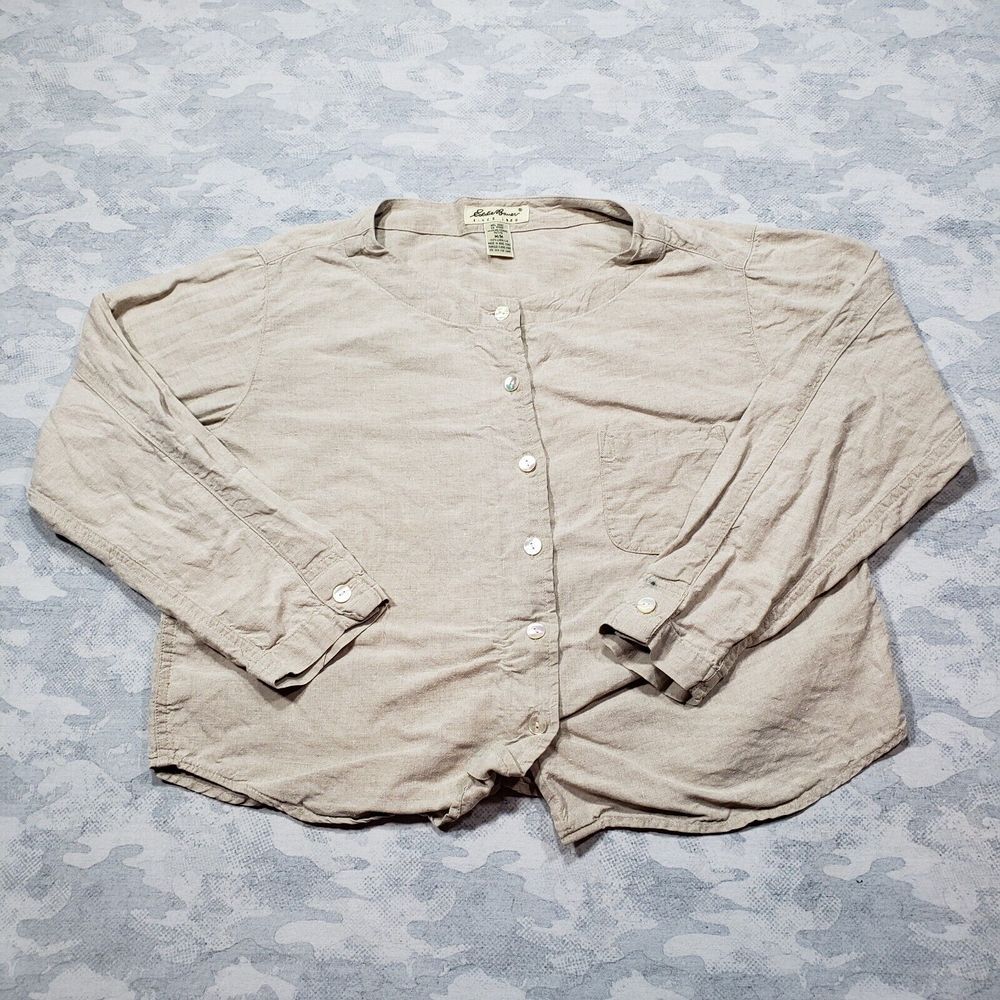 Eddie Bauer Top Womens Medium Brown Tan 100%‎ Nylon Long Sleeve Button Up...